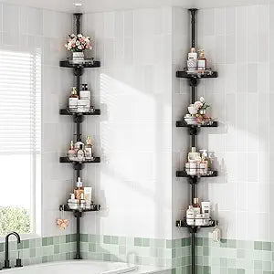 shuang qing 360 Rotating Corner Shower Caddy Tension Pole Organizer - 4-Tier Adjustable Rustproof Metal Pole, Plastic Shelves with Safety Guardrail, Bathroom Storage for Shower & Bathtub(Black)