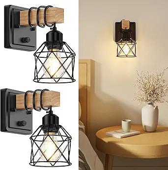 FadimiKoo Dimmable Wall Sconces Set of Two, Bedside Wall Mounted Lamp with Rotary Switch, Wooden Black Bathroom Light Fixtures with Metal Cage, Hardwired Farmhouse Wall Lights for Bedroom, Living Room