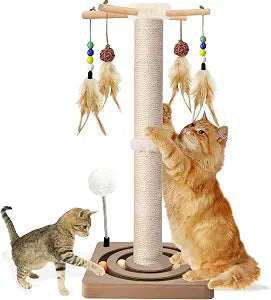 PAROTO Tall Cat Scratching Post, 33 Inch Sisal Cat Tree Tower Scratcher for Large Adult Indoor Cats, 2 Mounting Methods, Hanging Toys and Double Ball Track Activity Center