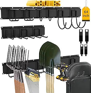 CBWLWJ 64 Inch Garage Tool Organizer Wall Mount, Heavy Duty Steel Storage Rack with 10 Adjustable Hooks, 680 lbs Capacity for Garage, Shed, Basement, Workshop,Black