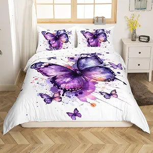 Butterflies Duvet Cover Set King Size,Watercolor Purple Butterfly Animal Reversible Quilt Cover with 2 Pillowcases,Tie Dye Graffiti Painting Microfiber Comforter Cover (Not Comforter)