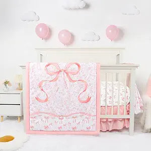 Crib Bedding Set for Baby Girls and Boys, 4 Piece Infant Nursery Bedding Sets, Baby Comforter Set for Crib, Pink Nursery Bed Set, Pink Bow | Reversible comforter