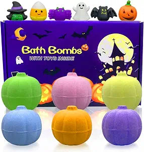 Jofan 6 Pack Halloween Pumpkin Bath Bombs with Halloween Squishy Toys Inside for Kids Girls Boys Halloween Toys Halloween Treat Bags Gifts