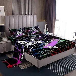 Erosebridal Skull Skateboarding Sheet Set Gothic Hippie Skeleton Skateboard Queen Bed Sheets for Kids Boys Teen Men Abstract Rainbow Stripes Bedding,Soft Breathable Fitted Sheet Set 4 Pcs