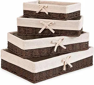 Baskets for Shelves Set of 4, Shallow Wicker Storage Baskets with Linen Liners, Decorative Woven Paper Rope Bins for Pantry, Bathroom, Closet, Bedroom Organization, Brown