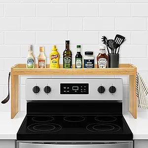 Over The Stove Shelf, Wood Stove Top Shelf,31.5" Stove Top Organizer Shelves with 6 Hooks,11.5" Height Over Stove Spice Rack for Kitchen, Oak