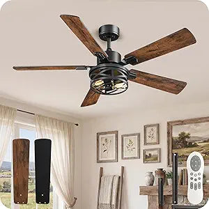 42 Inch Farmhouse Ceiling Fan with Lights and Remote, Timer, Dual Finish 5 Blades (Walnut and Black), 6 Speeds, Reversible DC Motor, Rustic & Industrial Caged Ceiling Fan for Bedroom FB01CF4205