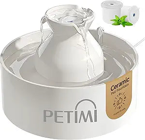 PETIMI Ceramic Cat Water Fountain, 3L/101 fl oz Ultra-Quiet Pet Water Fountain, Automatic Water Dispenser for Cats & Small Dogs, No Spill Cat Water Bowl, BPA-Free, 2 Filters Included, Easy to Clean