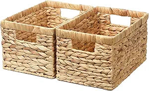 Wicker Storage Basket,Storage Basket with Built-in Handles, Water Hyacinth Storage Baskets for Organizing, Large Wicker Baskets for Storage, Woven Basket for Bedroom, Living Room(2Pack)
