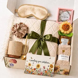 Birthday Gifts for Women, Sending Sunshine Sunflower Care Package Gift Basket, 10 Pcs Get Well Soon Self Care Gift Box for Her with Blanket, Thinking of You Gifts for Mom Wife Sister Friend