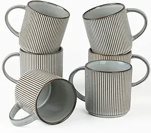 famiware Coffee Mug Set for 6, Star 12 oz Catering Mugs Cup Set with Handle for Coffee, Tea, Cocoa, Milk - Ceramic Stoneware Drinkware Set, Smoky Blue