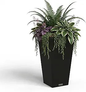 Mayne Renew 24 Inch Planter, Weather Resistant Outdoor Tall Planter with Smart Drainage Planting Insert and Drip Tray, Tapered Modern Flower Planter for Patio Garden or Entryway Decor