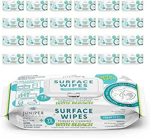 Juniper CLEAN 24 Pack Surface Cleaning Wipes with Bleach, All-Purpose Cleaner for Bathroom, Kitchen, Office, 1728 Count Soft Flow, Fresh Scent, Lint Free & Durable