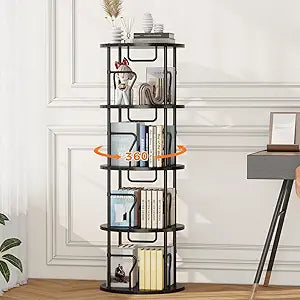 4 Tier Rotating Bookshelf Tower, 360 Display Round Bookcase, Floor Standing Corner Revolving Bookshelf Organizer Storage Rack for Small Spaces, Home Study Office, Black