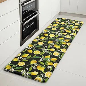 Lemon Kitchen Mats for Floor - Anti Fatigue Mats for Kitchen Floor, Cushioned Non-Skid Washable Memory Foam Rug for Office, Sink, Laundry (17.3"59"0.47") Black