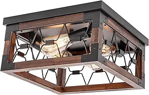 Farmhouse Flush Mount Ceiling Light4-Light Close to Ceiling Fixture with Diamond Pattern Cross-Hatch Metal Cage and Solid Wood Frame - Modern Industrial Light for Dining Room Kitchen Entryway