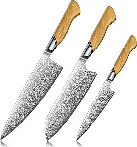 TIVOLI Damascus Kitchen Knife Set,3 PCS Japanese Chef Knife Set,VG-10 Damascus Santoku Paring Knife with Olive Wood Handle,Ideal Gift