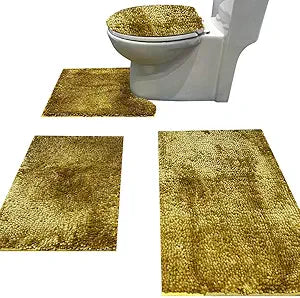Madeals Chenille Bath Rug Sets 4 Piece with Toilet Lid Cover and Rug Set Combo, Soft Shaggy Bath Rug Set 3 Piece and U-Shaped Toilet Floor Rug Golden