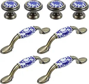 MY MIRONEY Blue and White Porcelain Ceramic Pulls and knobs Chinese-style Handles,Suitable for Cabinets, Drawers, Wardrobes, Screws Included,3" Hole Centers 4 PCS & 1.26" Single-hole Round 4 PCS