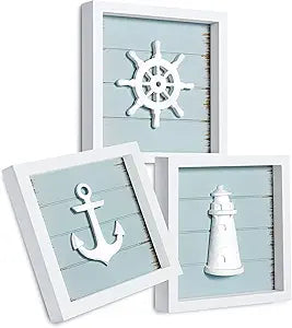 TideAndTales 3D Nautical Wall Decor (7"x7"), Coastal Theme Home Decorations with Anchor, Lighthouse and Ship Wheel, Rustic Ocean Inspired Bathroom Decor - Nautical Gifts - Framed Set of 3