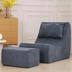 Giant Bean Bag Chair for Adults - Indoor Chaise Lounge with Neck Pillow & Ottoman, All-in-One Sponge Design, Comfy Floor Chair for Reading, Gaming, Napping, and Movies (SlateGray)