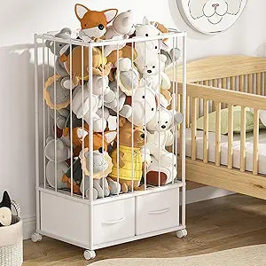 Stuffed Animal Storage & Organizer,Large Stuffed Animal Zoo Holder with 2 Toy Bins,Stuffed Animal Holder with Elastic Band & Brake Wheels for Playroom, Toddler Room, Nursery