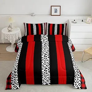 Manfei Leopard Comforter Set Queen Size, Black White Red Plaid Stripe Quilt Set with 2 Pillowcases, Wild Animal Skin Bedding Set 3pcs for Kids Boy Girls Room Decor Lightweight Duvet Insert
