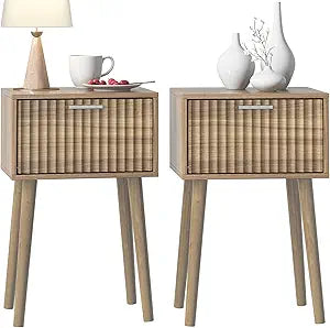 LAATOOREE Nightstands Set of 2, Small Size Side End Table, Bedside Table with Fluted Door, Solid Wood Feet; for Bedroom, Small Bed