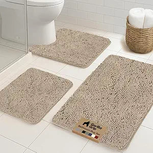GORILLA GRIP Bathroom Rug Sets 3 Piece, Bath Mat Set and Oval Toilet Base with Rubber Backing, Plush Absorbent Shaggy Chenille Washable Mats, Includes 24x19.5, 24x17 and 30x20 Inch Rugs, Gray Beige