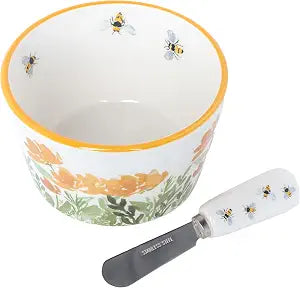 Ceramic Dip Bowl and Spreader Set, 14 Ounces, Bee Field