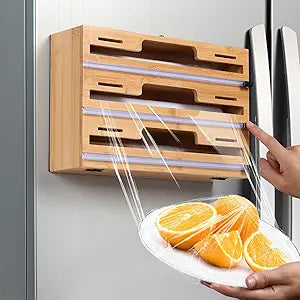 Allinside Magnetic Plastic Wrap Dispenser with Cutter, 3 in 1 Refrigerator Bamboo Wood Organizer for Tin Foil, Baking Paper, Wax Paper Holder Kitchen Storage Box Compatible with 12.9" Roll (3 Layer)