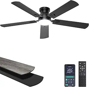 Ohniyou Ceiling Fans with Lights, 52 Inch Low Profile Ceiling Fan with Light and Remote/APP Control, Flush Mount, Dimmable, Quiet DC Motor, Black Ceiling Fan for Bedroom, Living Room