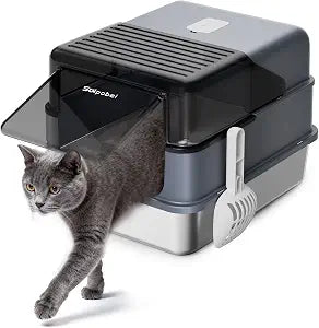 Solpobei Enclosed Stainless Steel Litter Box, Metal Cat Box, Medium | Small cat pan with lid, 18.7 in length, deep high sided, odor control, splash proof