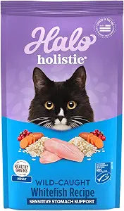 Halo Holistic Dry Cat Food for Sensitive Stomach, Wild-Caught Whitefish Natural Adult Cat Kibble with Healthy Grains, Probiotics & Omega Fatty Acids for Skin and Coat Health, 10 lb Bag