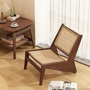 Furlide Mid-Century Accent Chair, Rattan Lounge Chair for Living Room, Boho Side Corner Comfy Chair for Bedroom and Balcony, Walnut