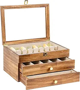 Silverware Box, 3-Layer Wooden Silverware Storage Box with Glass Lid, 14.510.6 Inches Vintage Style Decor Flatware Storage Case for Fine Flatware & Utensils, Gift Idea (Torched Wood)