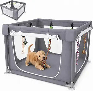 2-in-1 Dog Playpen Indoor with 8 Hanging Toys, 42" Puppy Playpen Activity Center for Puppies and Small Dogs, Oxford Fabric Pet Enclosure with 4 Openable Zipper Panels and Bottom Floor, Dark Grey