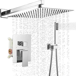 BWE 12 Inch Square Bathroom Luxury Rain Mixer Shower Combo Set Wall Mounted 2-Functions Rainfall Shower Head System Polished Chrome Shower Faucet Rough-in Valve Body and Trim Included