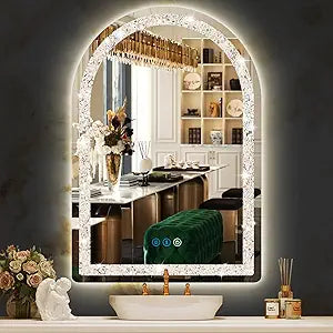 Crystal LED Arch Mirror with Lights 30 x 20 Inch Arch Lighted Mirror for Bathroom Wall Tabletop Desk Diamond Arched Vanity Mirror with Lights 3 Color AntiFog Arched Makeup Mirror with Light
