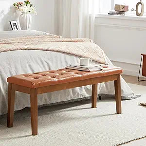 Ottoman Bench Upholstered Padded Seat with Solid Wood Legs and Button-Tufted, Faux Leather Cognac Brown