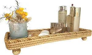 i-lan 17Inch Rectangle Natural Wicker Pedestal Display Riser for Table Centerpiece,Decor-Rattan Woven Rustic Accents Long Rectangle Pedestal Table for Kitchen Counter,Dining Table and Bathroom