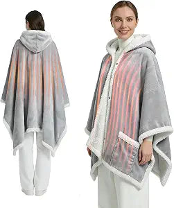 Myiosus Heated Blanket Wearable Shawl, Electric Wrap Poncho Blanket Hoodie with Pockets, Velvet & Sherpa Heating Throw with 6 Heating Levels & 4 Time Settings,Birthday Gifts for Mom, 50 x 64 Inch,Grey
