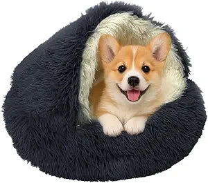 ShinHye Cat Bed Round Plush Fluffy Hooded Cat Bed Cave, Cozy for Indoor Cats or Small Dog beds, Soothing Pet Beds Doughnut Calm Anti-nxiety Dog Bed - Waterproof Bottom Washable (2323inch, Dark Grey)