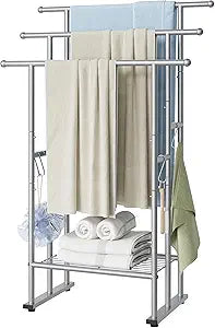 ELYKEN 3 Tier Standing Towel Rack, 40'' Tall Towel Drying Rack Outdoor, Freestanding Floor Towel Rack with Shelf, Pool Towel Blanket Stand, Metal Towel Racks for Bathroom freestanding, Smooth Silver