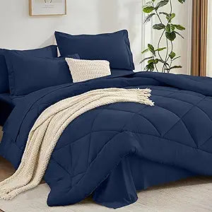 FUANNA 7 Pieces Queen Comforter Set, All Season Bed in a Bag Queen Size, Luxury Soft Bedding Sets with Comforter, Flat Sheet, Fitted Sheet, Pillowcases & Pillow Shams, Navy Blue