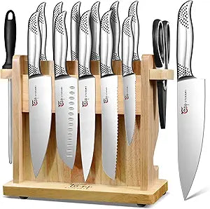 SYOKAMI Japanese Knives Set for Kitchen, Magnetic Knife Set with Block and Sharpener, Stainless Steel Knife Set as Gift for Couple, Wedding, Women or Mom with Gift Box, 14 PCS Black Dot