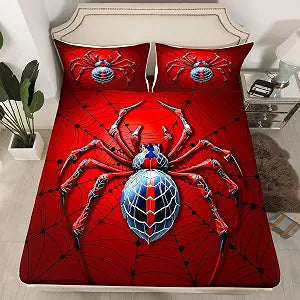 Spider Web Kids Fitted Sheet Queen Size,Red Spider Arachnid Insect Animal Bedding Set,Girls Boys Room Decor,Happy Halloween Trippy Blue Black Fashion Bed Sheet,2 Pillowcases(No Flat)