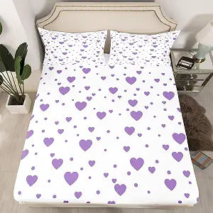 Feelyou Hearts Bedding Set Full Size, Purple Hearts Bed Sheet Set Kids Cute Love Hearts Fitted Sheet for Boys Girls Purple and White Bed Cover Lightweight Bed Set (No Flat Sheet)