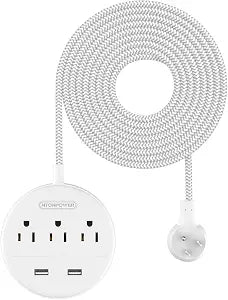 NTONPOWER Braided Extension Cord 15 ft, Flat Plug Power Strip with USB, Compact Nightstand Desktop Charging Station with 3 Outlets 2 USB Ports, Wall Mount for Dorm Nightstand Desk, White