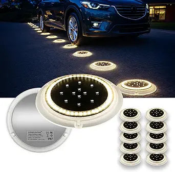 SHONELIGHTING Solar Driveway Lights, Super Bright 48 LED Disc Lights, Flat Low Profile IP67 Ground Lights Easy Install for Deck, Dock, Pathway, Patio, Walkway (Warm White, 12 Pack)
